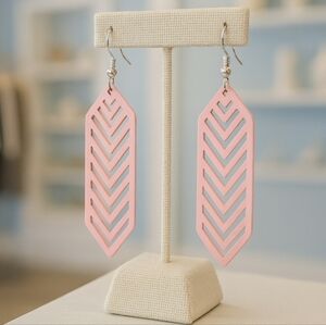 Soft Pink Boho Wooden Cutout Dangle Earrings 3.66" Length